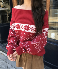 눈꽃 벌룬 오프숄더 티 레드