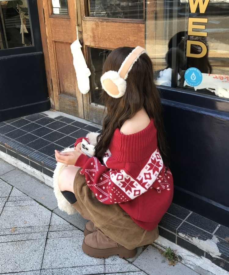 눈꽃 벌룬 오프숄더 티 레드