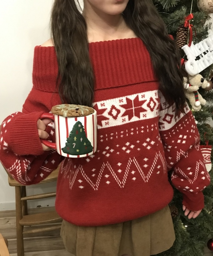 눈꽃 벌룬 오프숄더 티 레드