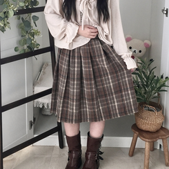 チェックプリーツバンディングミディスカート CHESTNUT BROWN