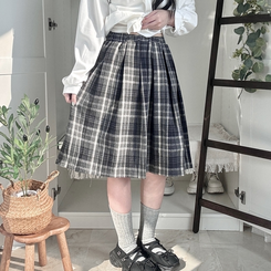 チェックプリーツバンディングミディスカート NAVY