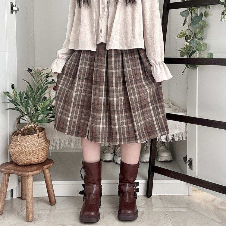 チェックプリーツバンディングミディスカート CHESTNUT BROWN