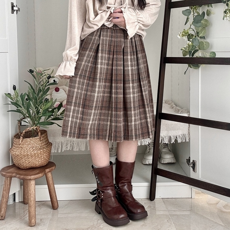 チェックプリーツバンディングミディスカート CHESTNUT BROWN
