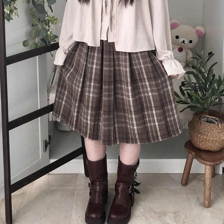 チェックプリーツバンディングミディスカート CHESTNUT BROWN