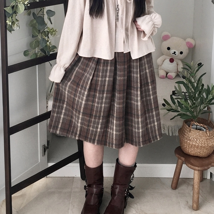 チェックプリーツバンディングミディスカート CHESTNUT BROWN