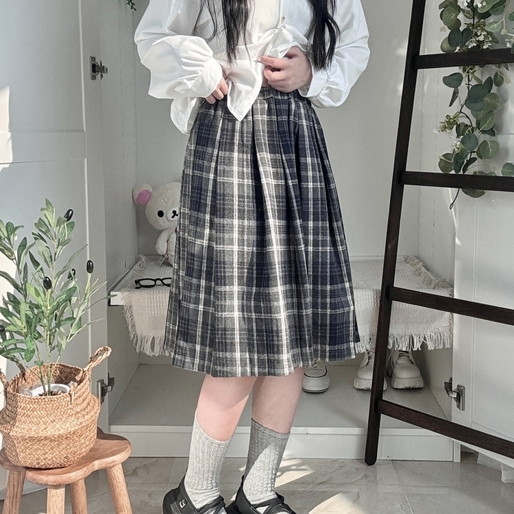 チェックプリーツバンディングミディスカート NAVY