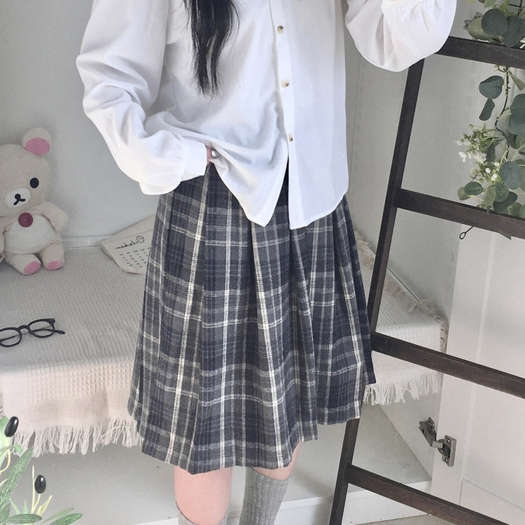 チェックプリーツバンディングミディスカート NAVY