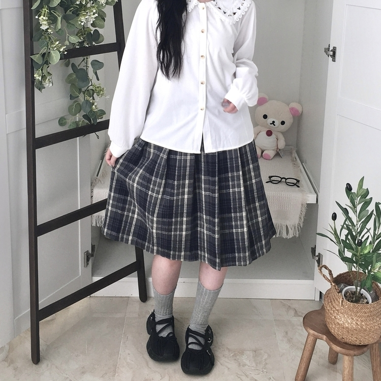 チェックプリーツバンディングミディスカート NAVY