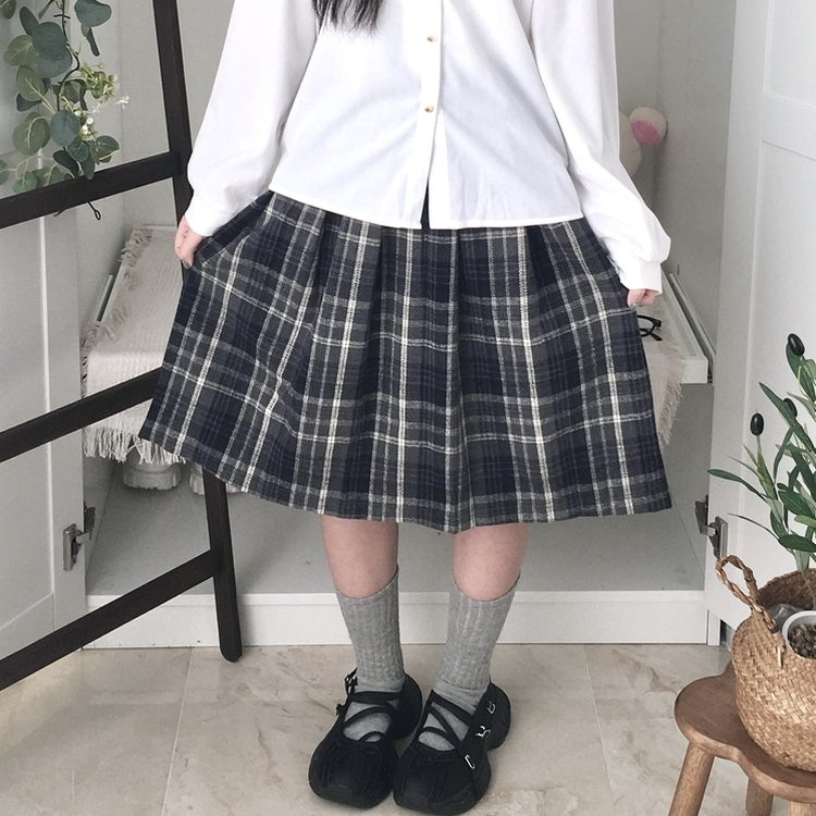 チェックプリーツバンディングミディスカート NAVY