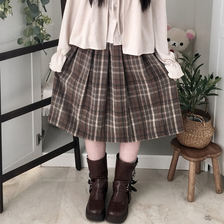 윈터 미디 모리걸 체크 플리츠 주름 밴딩 미디스커트 밤색
