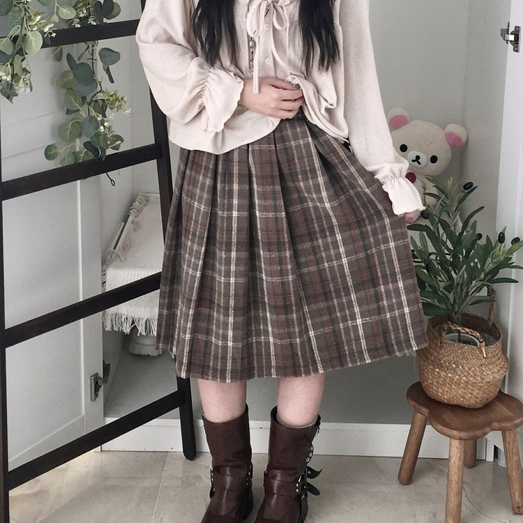 윈터 미디 모리걸 체크 플리츠 주름 밴딩 미디스커트 밤색