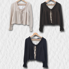 부들소재 리본 프릴 나시 일체형 반팔 블라우스 나시 바선생 레이스