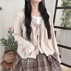 부들소재 리본 프릴 나시 일체형 반팔 블라우스 나시 바선생 레이스 베이지