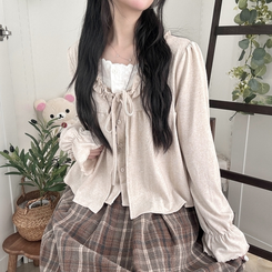 부들소재 리본 프릴 나시 일체형 반팔 블라우스 나시 바선생 레이스 베이지