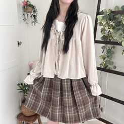 부들소재 리본 프릴 나시 일체형 반팔 블라우스 나시 바선생 레이스 베이지