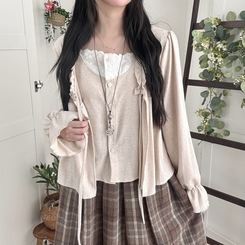 부들소재 리본 프릴 나시 일체형 반팔 블라우스 나시 바선생 레이스 베이지