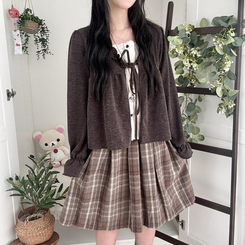 부들소재 리본 프릴 나시 일체형 반팔 블라우스 나시 바선생 레이스 밤색