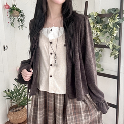 부들소재 리본 프릴 나시 일체형 반팔 블라우스 나시 바선생 레이스 밤색