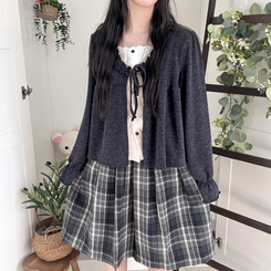 부들소재 리본 프릴 나시 일체형 반팔 블라우스 나시 바선생 레이스 먹색