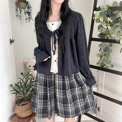 부들소재 리본 프릴 나시 일체형 반팔 블라우스 나시 바선생 레이스 먹색