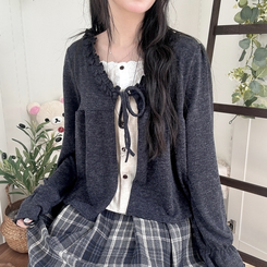 부들소재 리본 프릴 나시 일체형 반팔 블라우스 나시 바선생 레이스 먹색