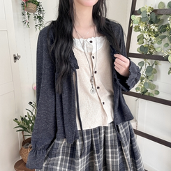 부들소재 리본 프릴 나시 일체형 반팔 블라우스 나시 바선생 레이스 먹색