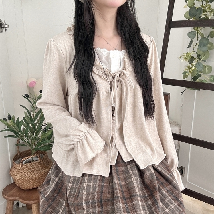 부들소재 리본 프릴 나시 일체형 반팔 블라우스 나시 바선생 레이스 베이지