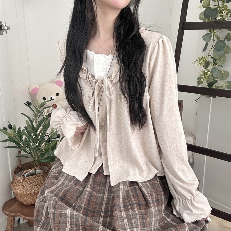 부들소재 리본 프릴 나시 일체형 반팔 블라우스 나시 바선생 레이스 베이지