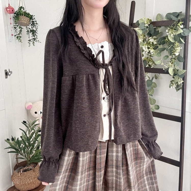 부들소재 리본 프릴 나시 일체형 반팔 블라우스 나시 바선생 레이스 밤색