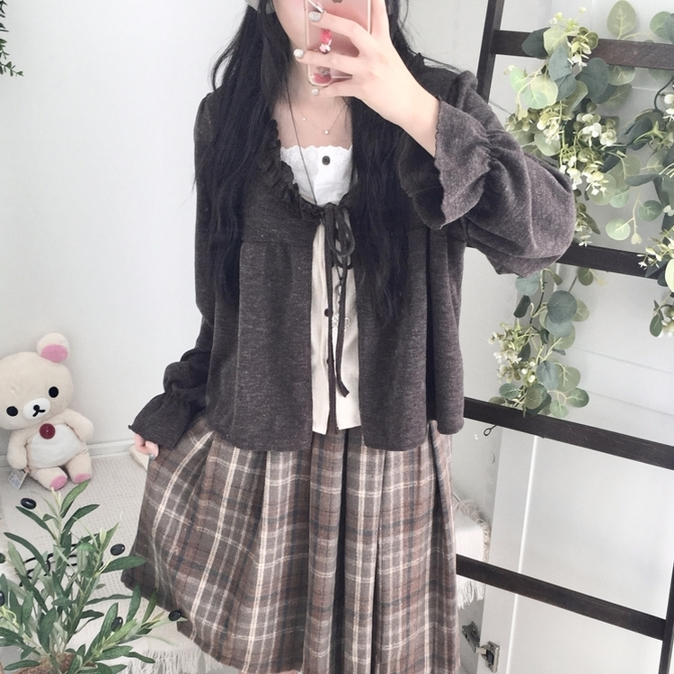 부들소재 리본 프릴 나시 일체형 반팔 블라우스 나시 바선생 레이스 밤색