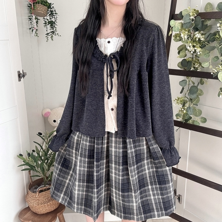 부들소재 리본 프릴 나시 일체형 반팔 블라우스 나시 바선생 레이스 먹색