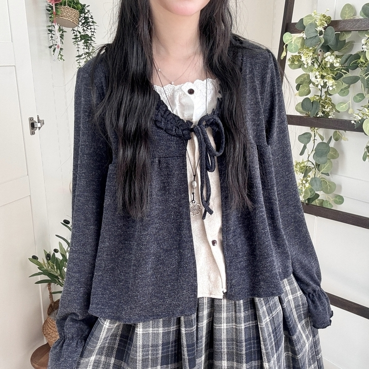 부들소재 리본 프릴 나시 일체형 반팔 블라우스 나시 바선생 레이스 먹색