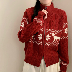 ノルディックハイネックニットジップアップ RED