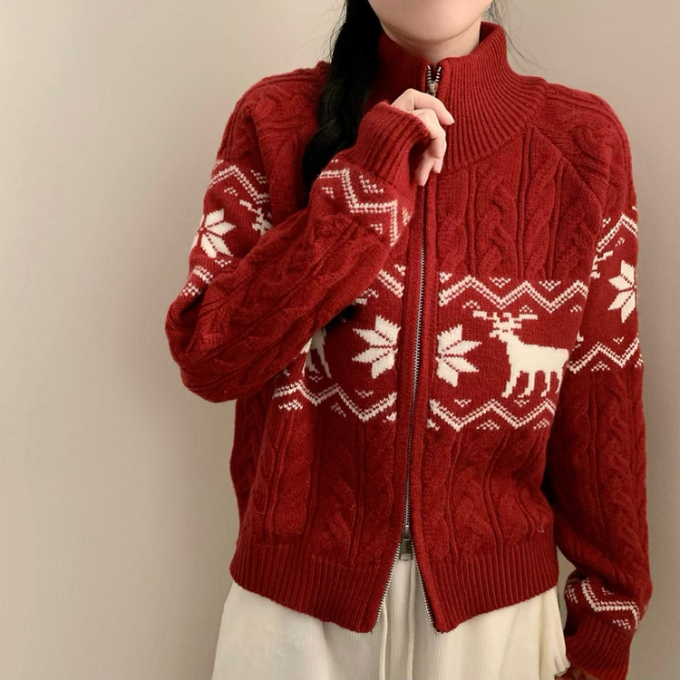 ノルディックハイネックニットジップアップ RED