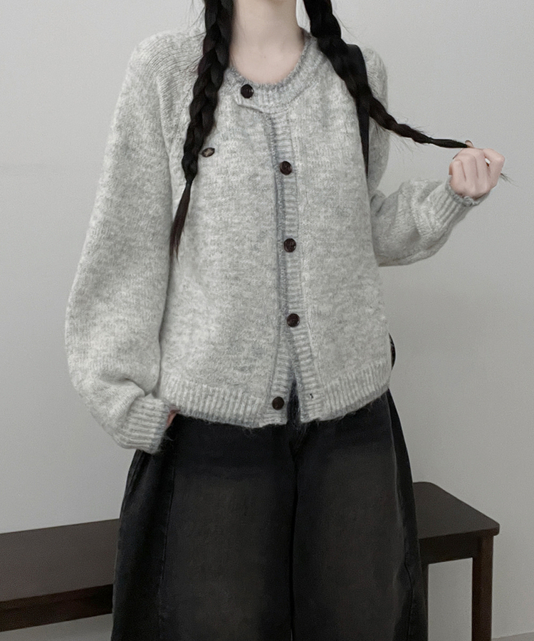 [포근.따뜻/울함유]루에팬던트단추포인트배색라운드루즈핏울니트가디건(3color) 연그레이