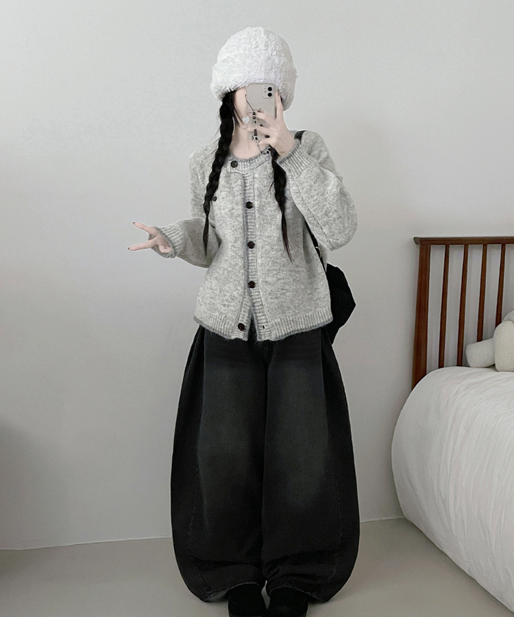 [포근.따뜻/울함유]루에팬던트단추포인트배색라운드루즈핏울니트가디건(3color) 연그레이