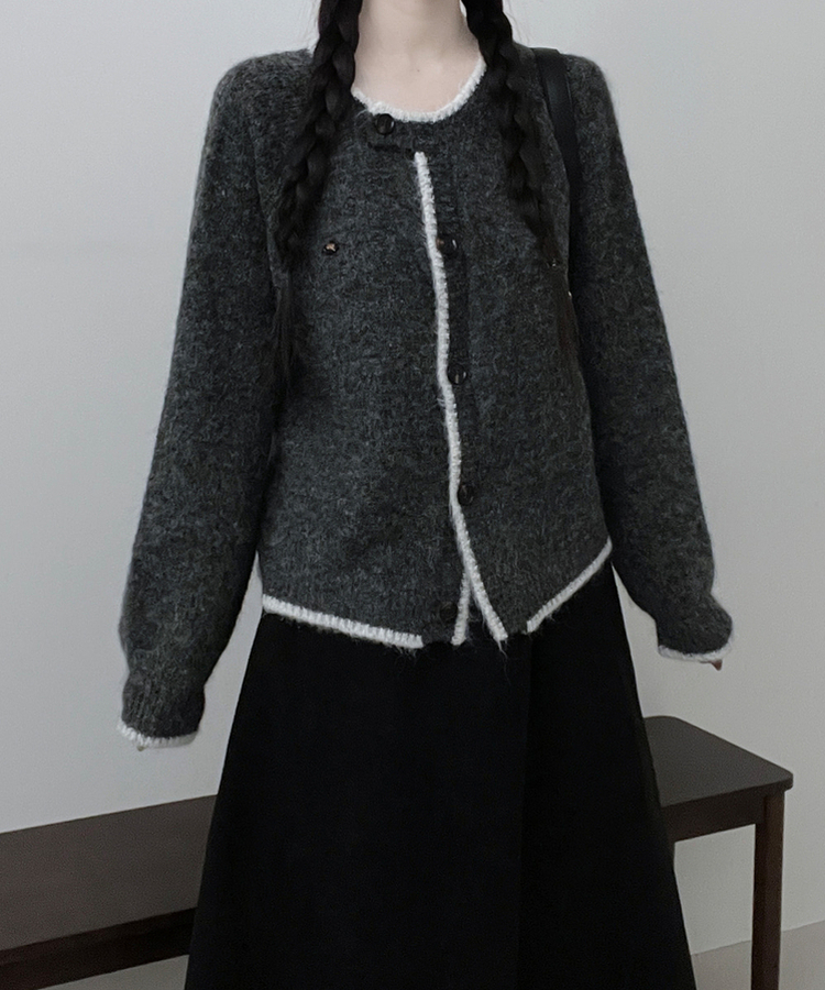 [포근.따뜻/울함유]루에팬던트단추포인트배색라운드루즈핏울니트가디건(3color) 먹색