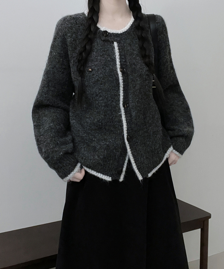 [포근.따뜻/울함유]루에팬던트단추포인트배색라운드루즈핏울니트가디건(3color) 먹색