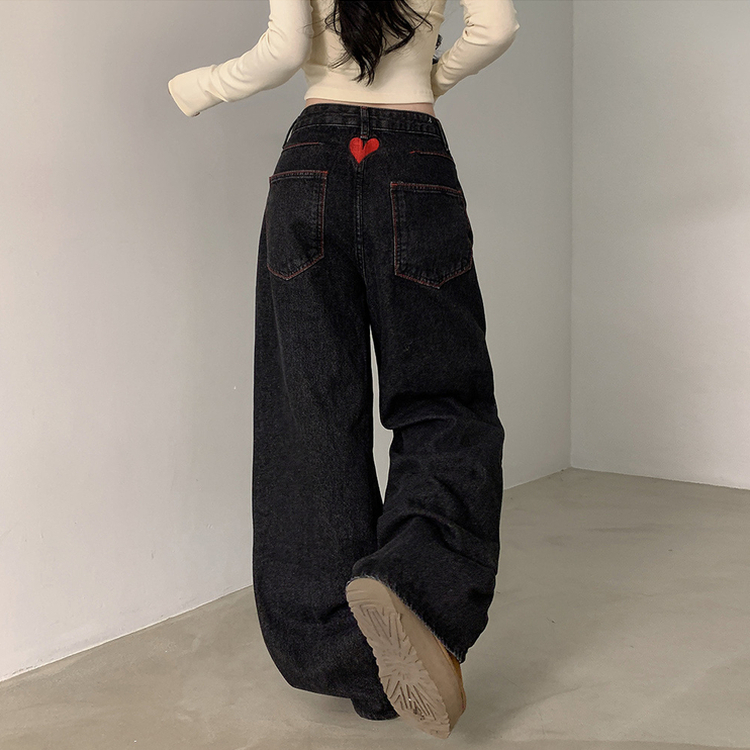 ハート刺繍ビンテージウォッシングワイドデニムパンツ｜デニム｜韓国 