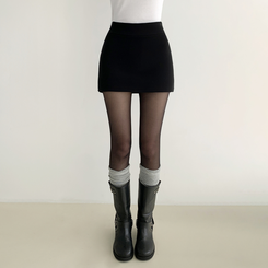 레이블 고탄력 슬림 시스루 롱 팬티 스타킹 블랙