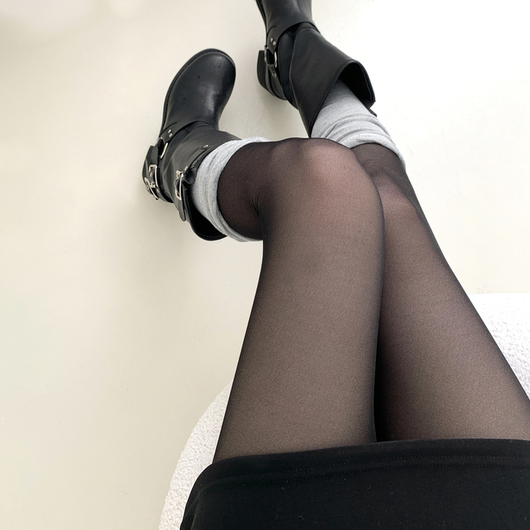 레이블 고탄력 슬림 시스루 롱 팬티 스타킹 블랙