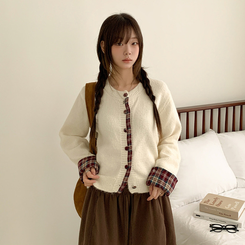 チェックバイカラーボタンニットカーディガン IVORY