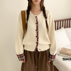 チェックバイカラーボタンニットカーディガン IVORY