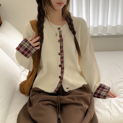 チェックバイカラーボタンニットカーディガン IVORY