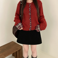 チェックバイカラーボタンニットカーディガン RED