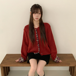 チェックバイカラーボタンニットカーディガン RED