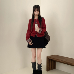 チェックバイカラーボタンニットカーディガン RED