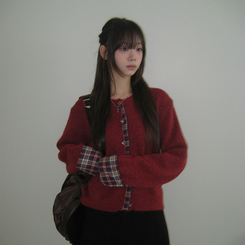 チェックバイカラーボタンニットカーディガン RED