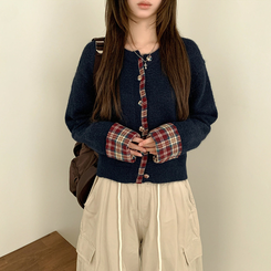 チェックバイカラーボタンニットカーディガン NAVY