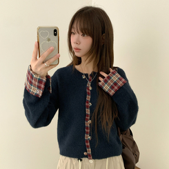 チェックバイカラーボタンニットカーディガン NAVY